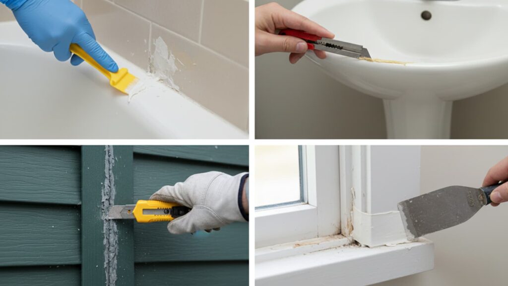 Collage showing different methods of removing caulk from surfaces such as a bathtub, sink, exterior siding, and window frame using scrapers and utility knives.