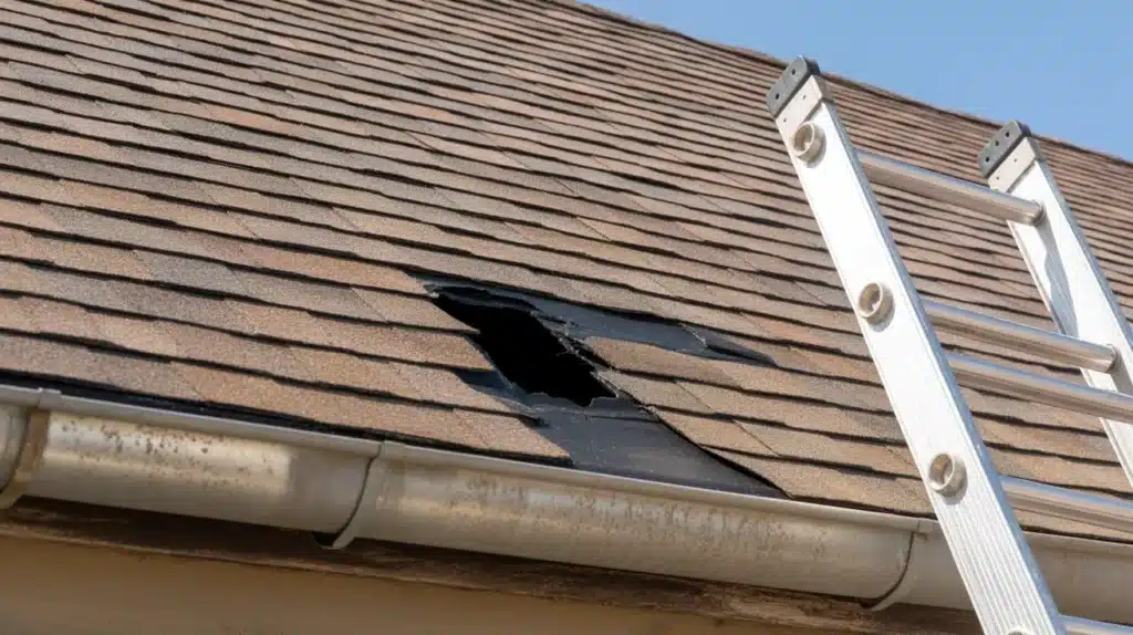 Damaged roof with missing shingles and a visible hole near the gutter, with a ladder positioned for repair access.