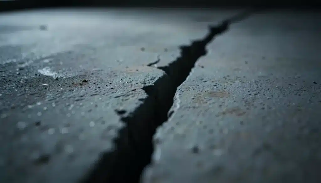 Deep, wide crack splitting a concrete floor slab, showing significant separation and uneven edges caused by movement or heaving.