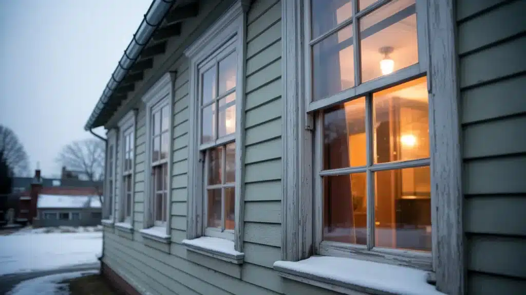 Exterior view of an older house with wooden windows glowing warmly from inside on a cold winter evening, illustrating drafty windows and heat loss.