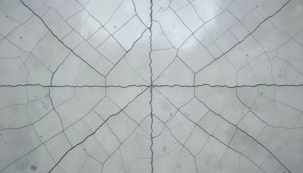 Fine network of spiderweb-like crazing cracks spreading across a concrete surface, forming small irregular patterns
