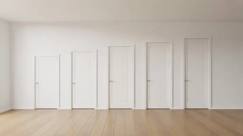 Five interior doors of increasing height are displayed side by side against a white wall to illustrate different bedroom door height options