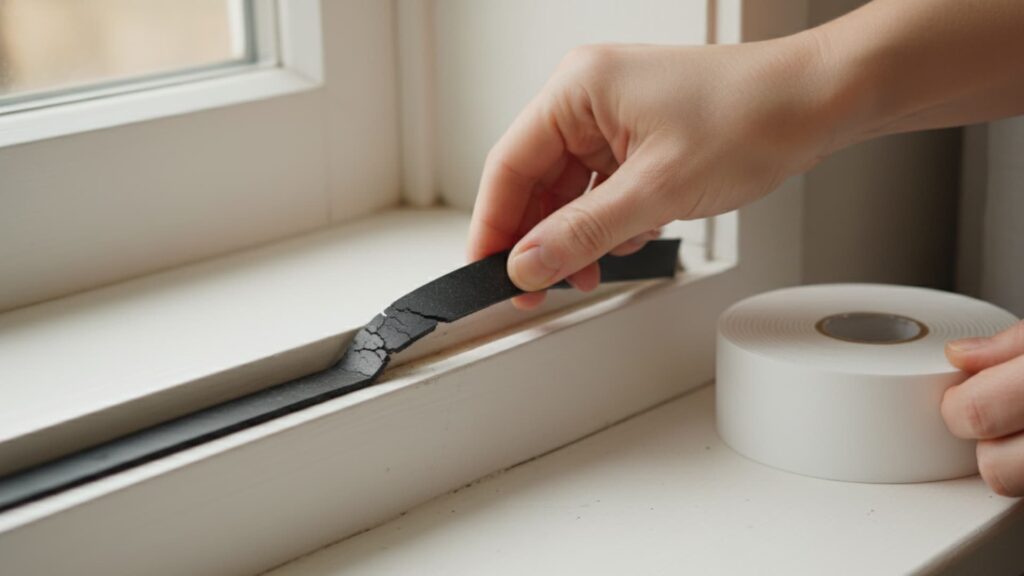 Hand removing cracked black weatherstripping from a window frame while a roll of replacement weatherstripping tape sits on the windowsill nearby