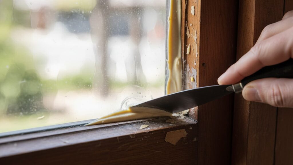 Hand using a putty knife to remove old glazing putty from a wooden window frame while preparing to reglaze the glass pane