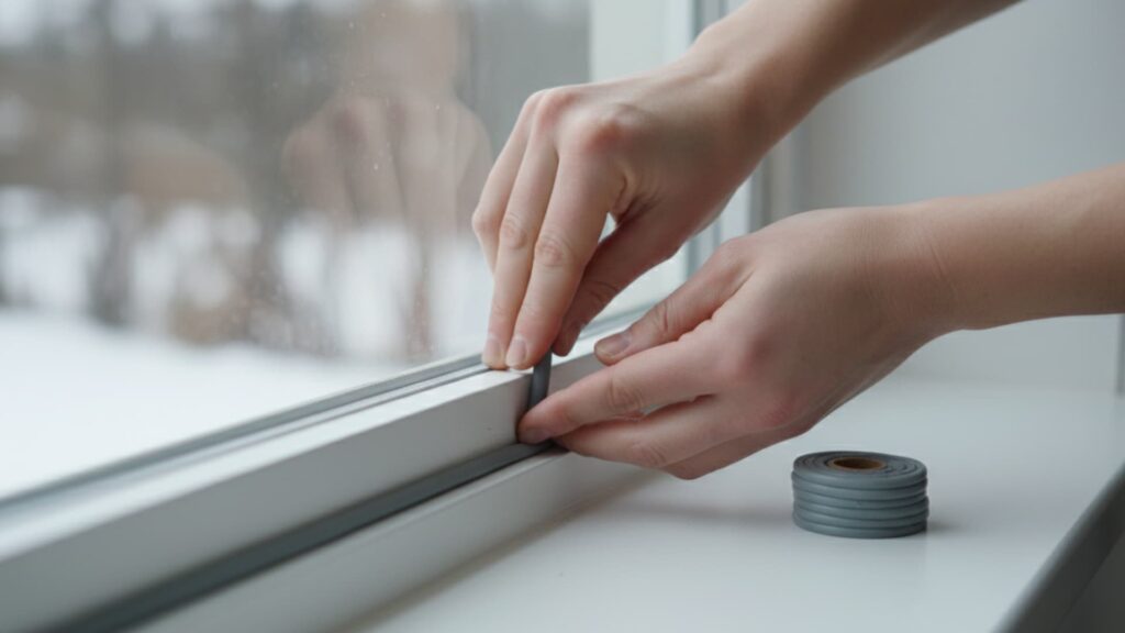 Hands pressing gray rope caulk into the gap along a window frame, with a small roll of rope caulk resting on the windowsill