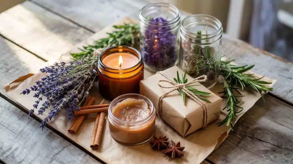 Homemade DIY gifts including lavender bundles, mason jars, candle, cinnamon sticks, sugar scrub, and wrapped soap on a rustic wooden table.