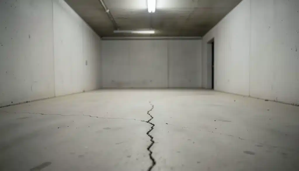 Large crack running across a bare concrete floor in an empty basement or garage space with plain walls and overhead lighting.