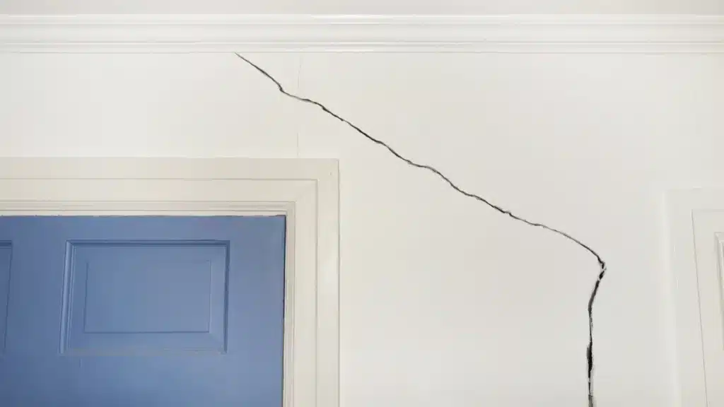 Large diagonal crack running across an interior wall above a door frame, indicating structural movement or settlement.
