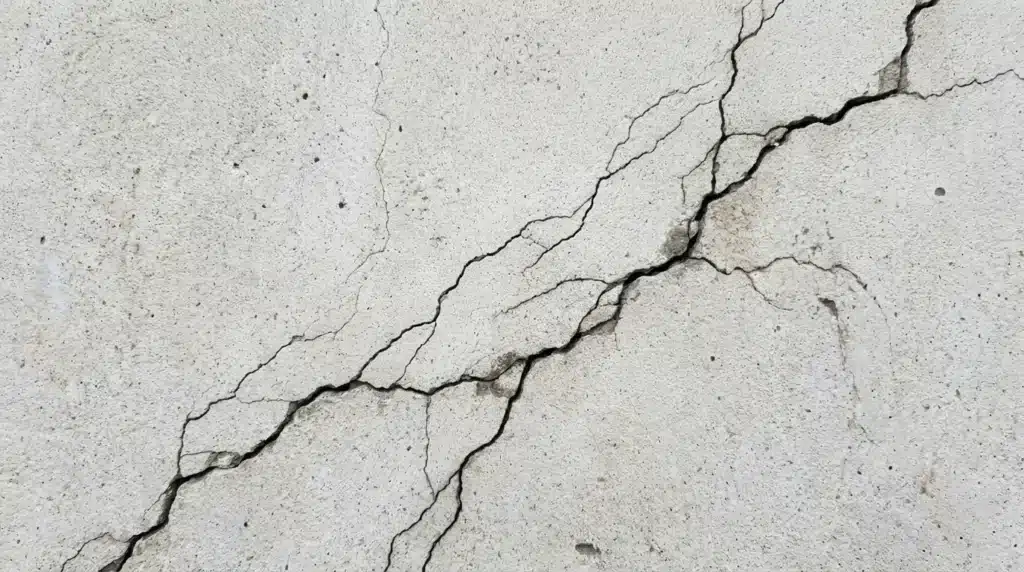 Multiple intersecting cracks spreading across a concrete surface, with a wider central crack and smaller branching lines indicating shrinkage or stress.
