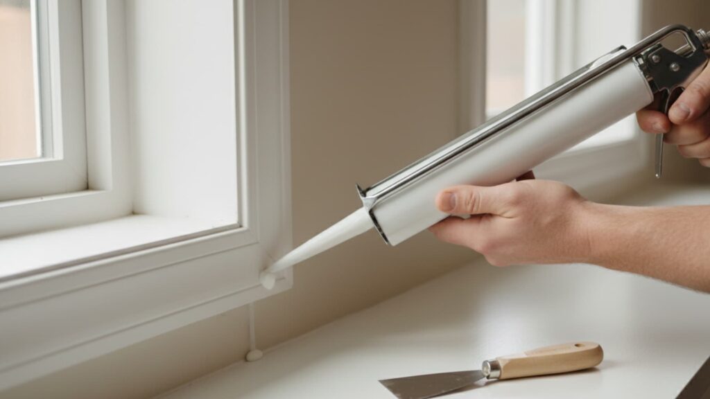Person applying fresh white caulk along the corner seam of a window frame using a caulking gun, with a putty knife resting on the windowsill nearby
