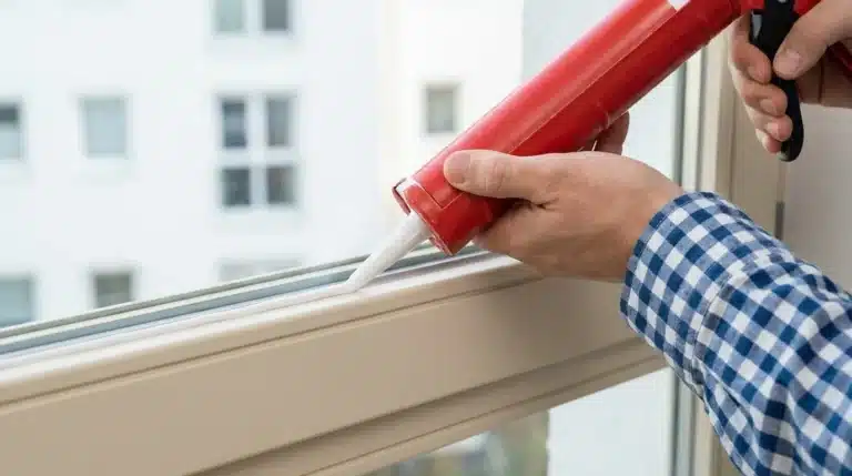 Person applying sealant with a caulking gun along a window frame to seal gaps and prevent air or water leaks.