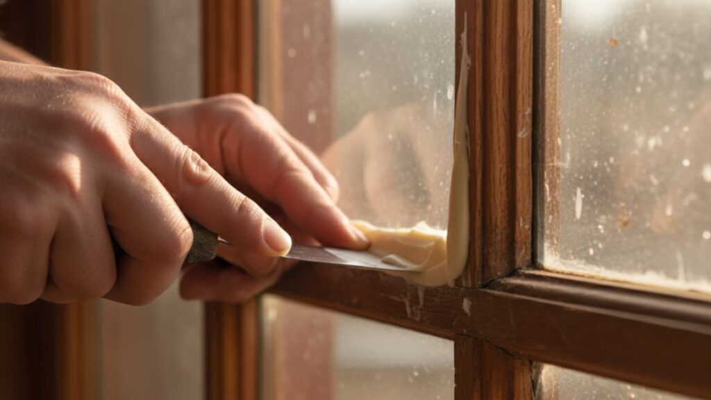 Person applying window glazing putty along the edge of a wooden window frame using a putty knife to seal the glass.