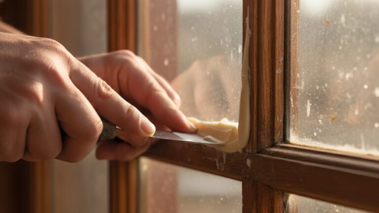 Person applying window glazing putty along the edge of a wooden window frame using a putty knife to seal the glass.