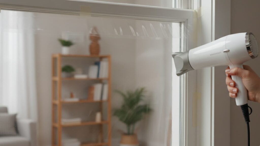 Person using a hair dryer to shrink clear plastic insulation film taped over a window frame to improve indoor insulation