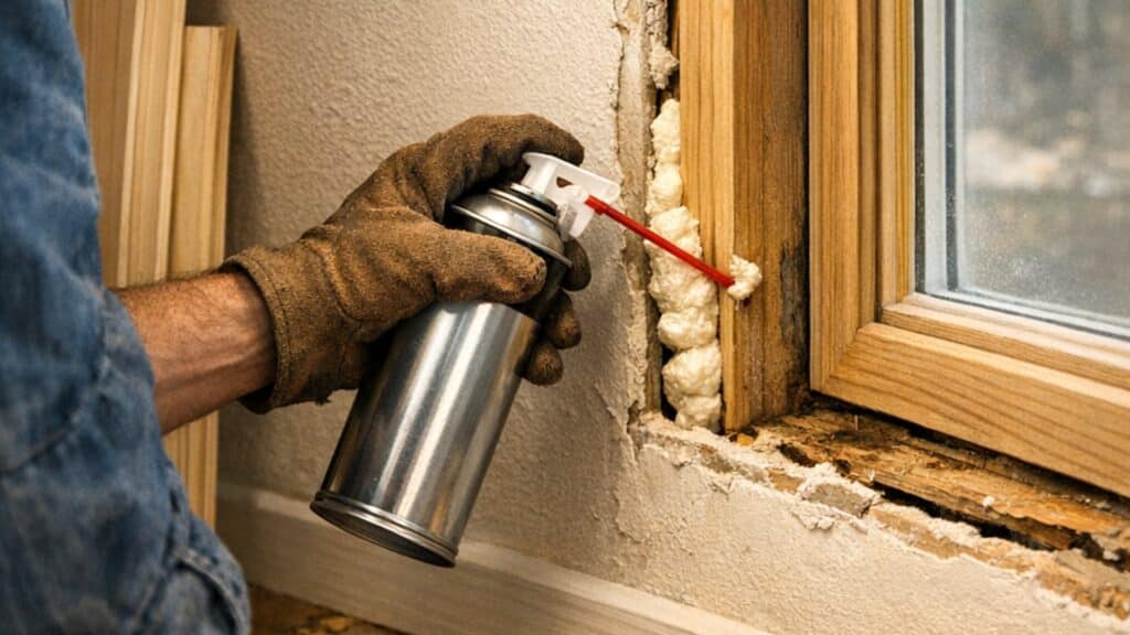 Person wearing work gloves spraying expanding foam insulation into a gap behind a wooden window trim to seal air leaks