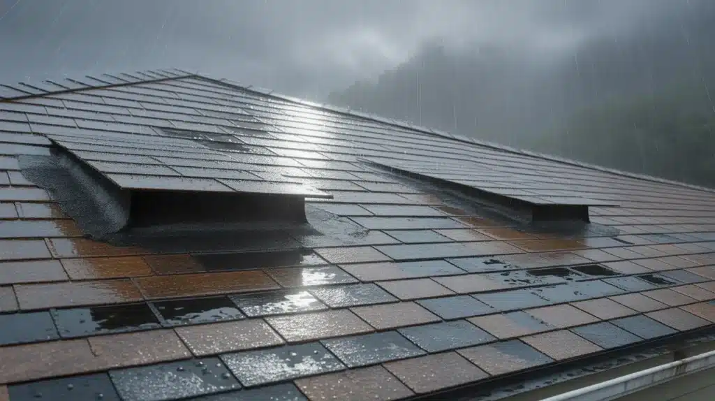 Roof with damaged, lifted shingles and visible openings allowing rainwater to enter during a storm, illustrating a common cause of roof leaks.