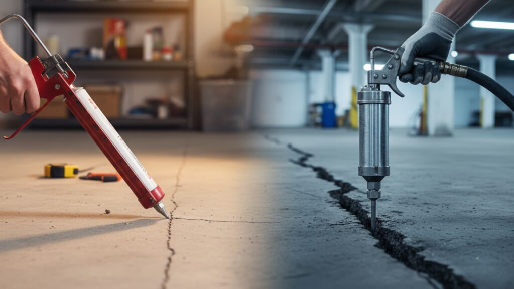 Side-by-side comparison showing a person sealing a thin floor crack with a caulking gun and another injecting filler into a wider concrete crack using a repair tool.