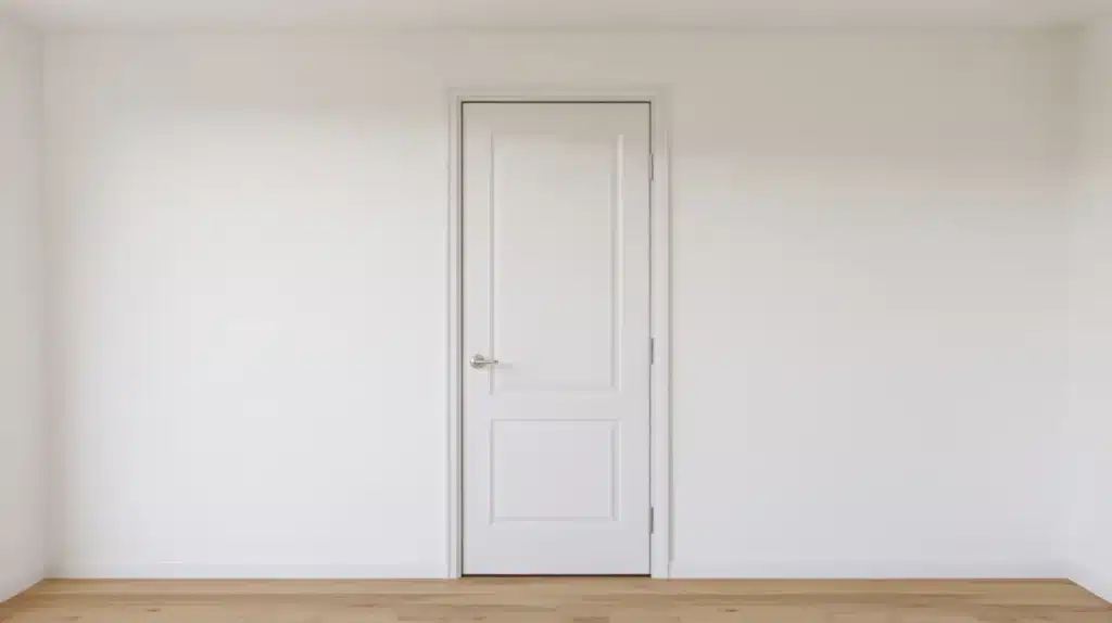Standard white bedroom door installed in a plain wall, showing a typical interior door size used in residential homes.