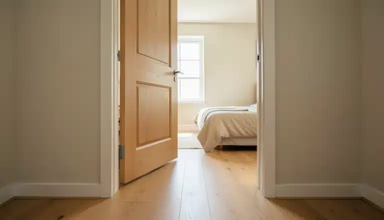 Standard wooden bedroom door partially open, leading into a bright bedroom with a bed and window visible inside.