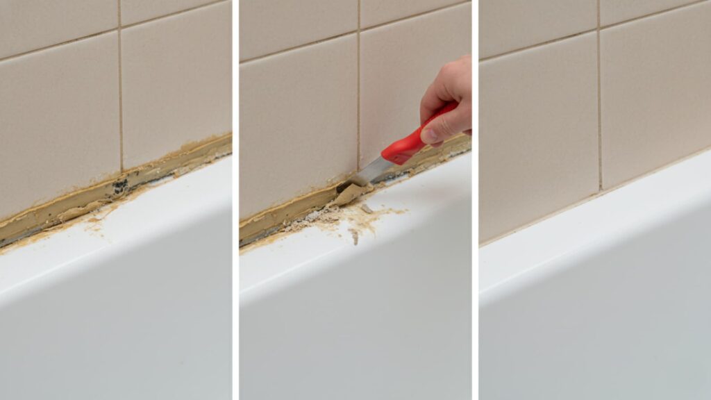 Step-by-step process showing old caulk being removed from a bathtub edge with a scraper and the cleaned seam after removal.