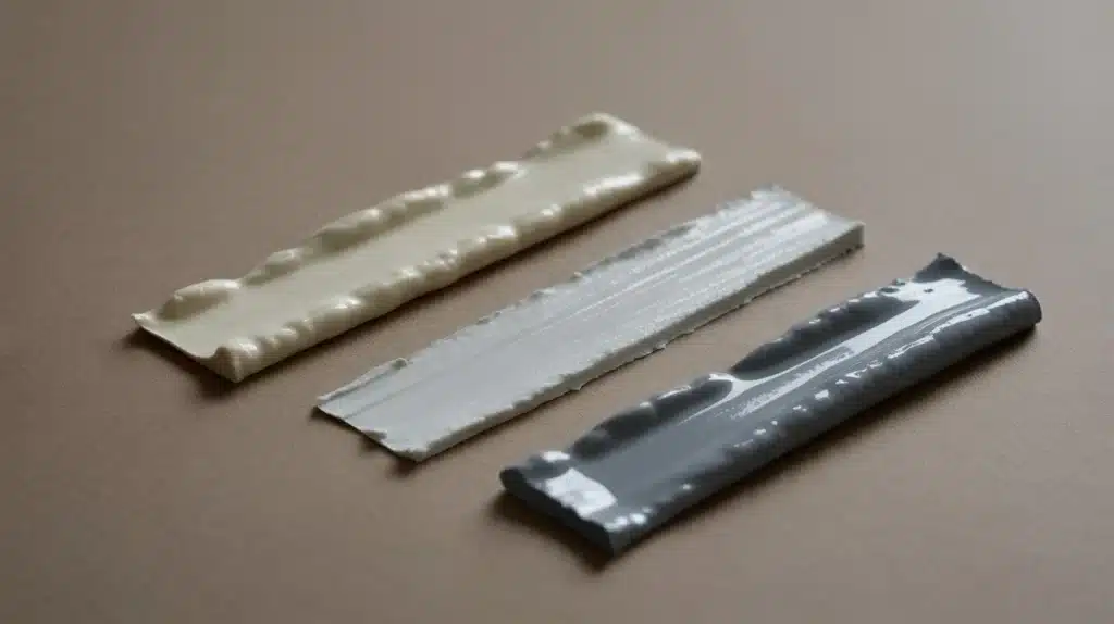 Three different types of caulk samples in beige, white, and gray are applied in straight beads on a flat surface for comparison.