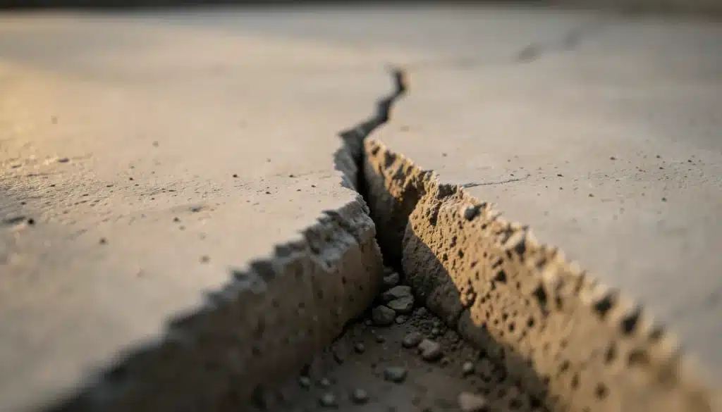 Wide structural crack in a concrete floor with deep separation, rough edges, and visible debris inside the gap.