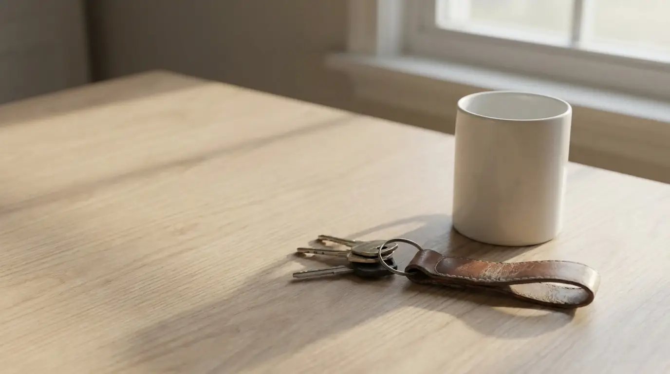 Keys with a leather strap next to a white mug on a wooden table