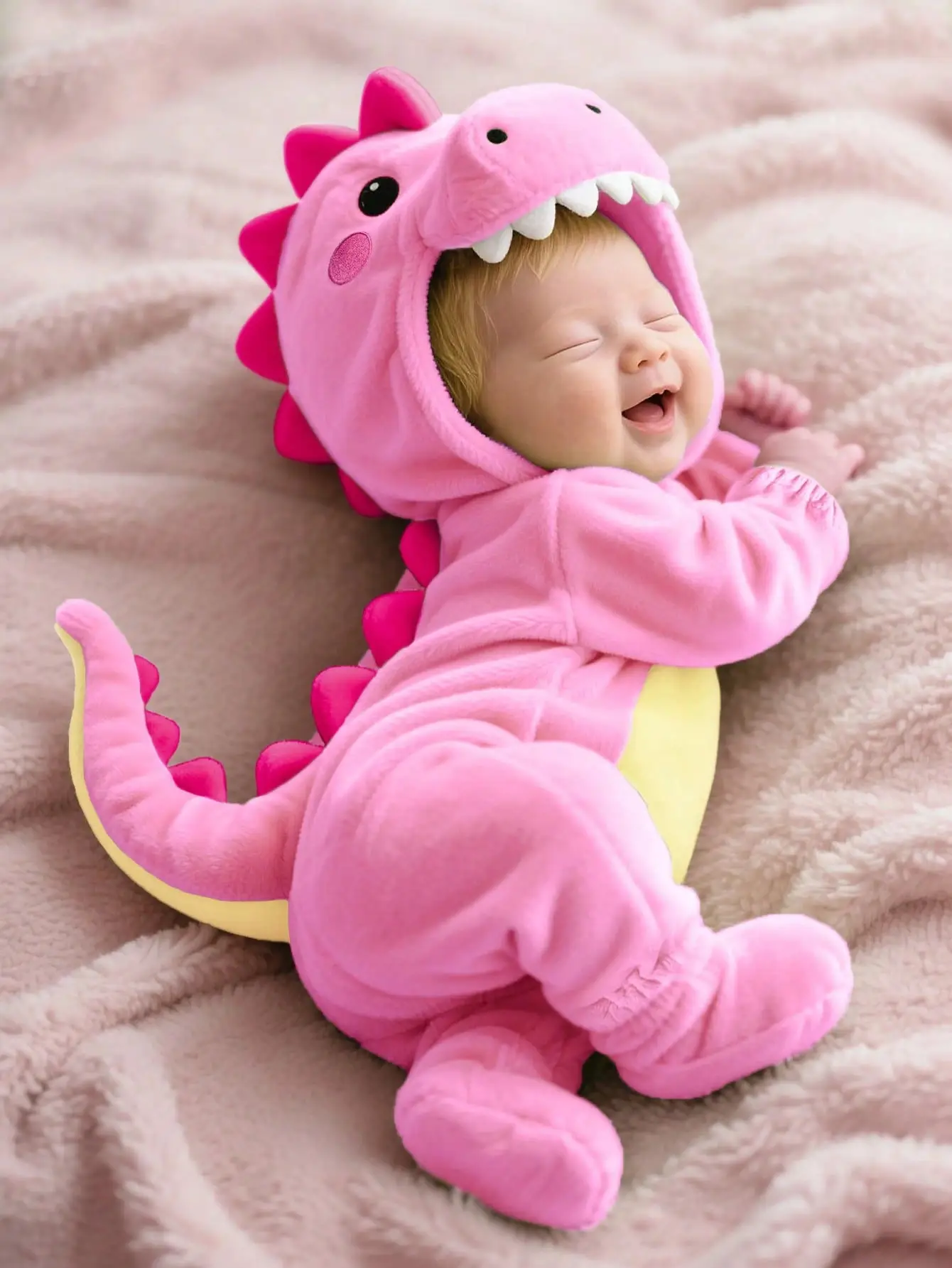 Baby in pink dinosaur costume smiling on soft beige blanket