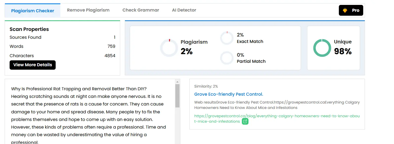 Plagiarism checker results showing 2% exact match on digital interface screen