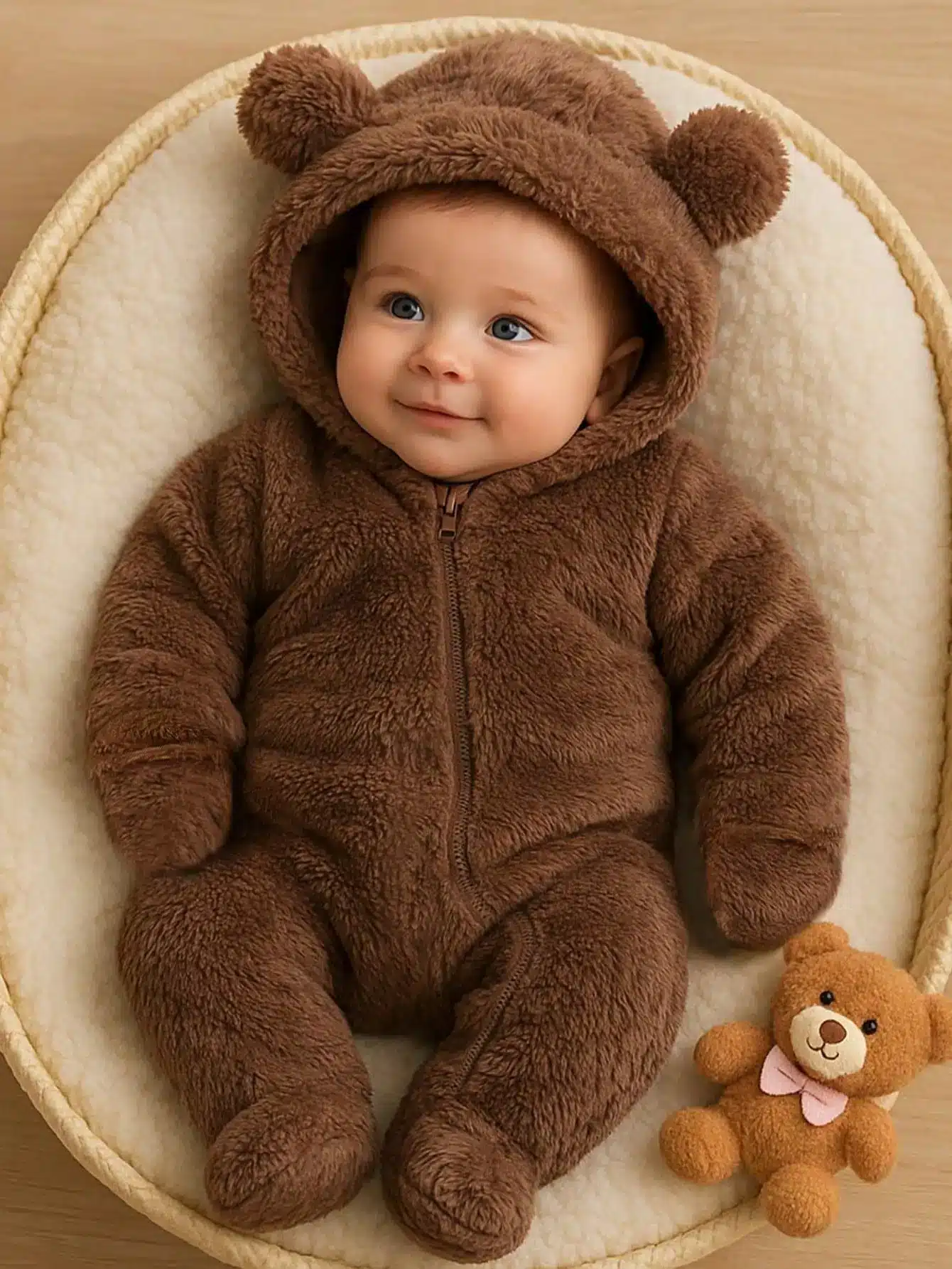 Baby in brown bear onesie with matching teddy bear in cozy basket setting