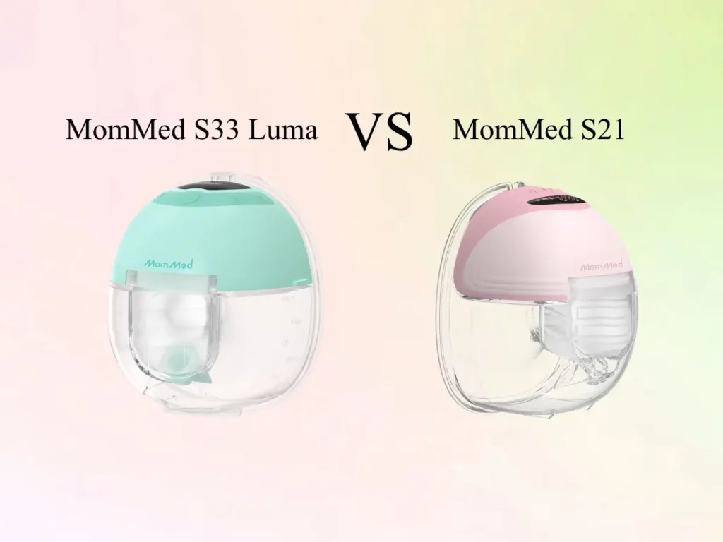 Two breast pump models, teal and pink, against a pastel gradient background