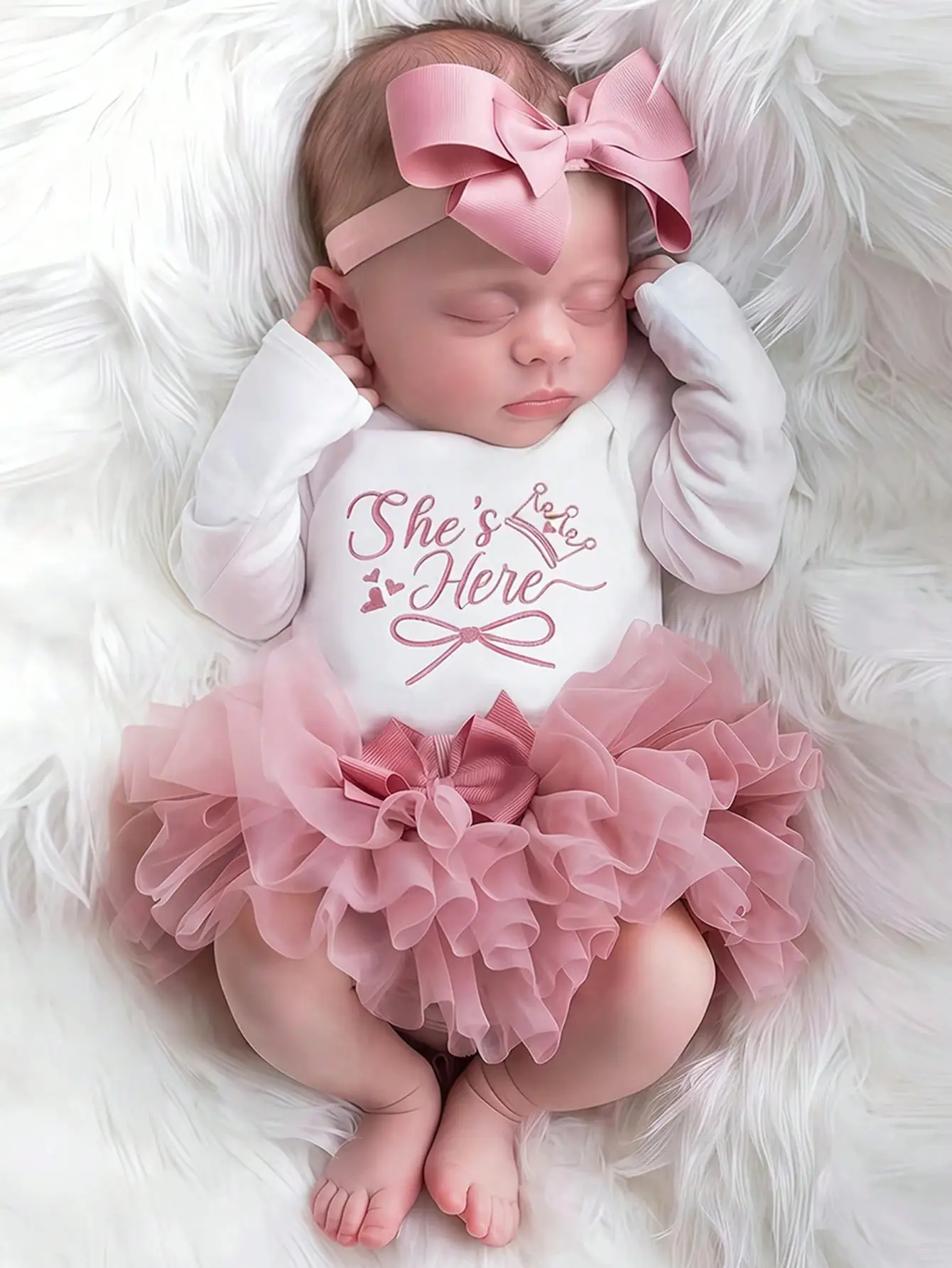 Infant sleeping in pink tutu and bow headband on fluffy white blanket