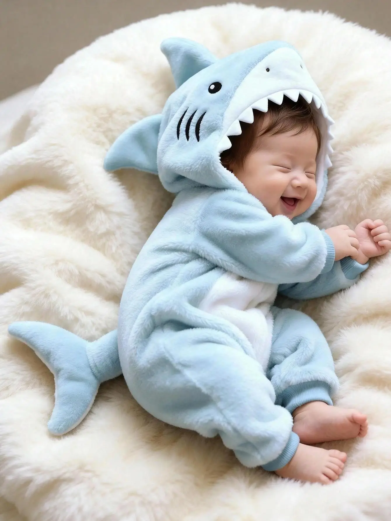 Baby in light blue shark costume smiling on soft white blanket