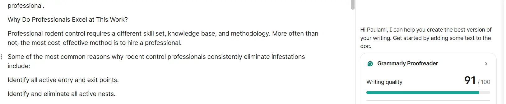 Grammarly interface with writing suggestions and score displayed on a computer screen