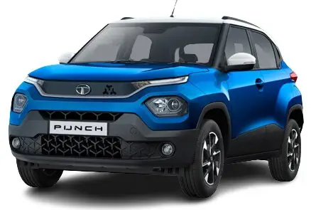 Blue compact SUV with distinctive front grille and two-tone roof on white background