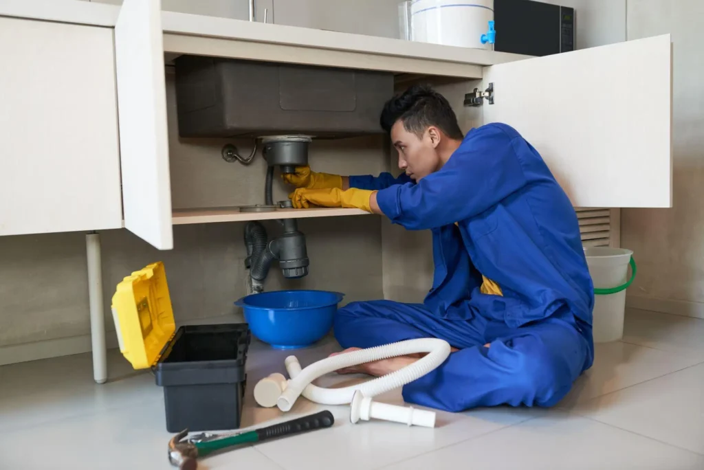 Worker in blue coveralls fixing kitchen sink with tools scattered around on the floor