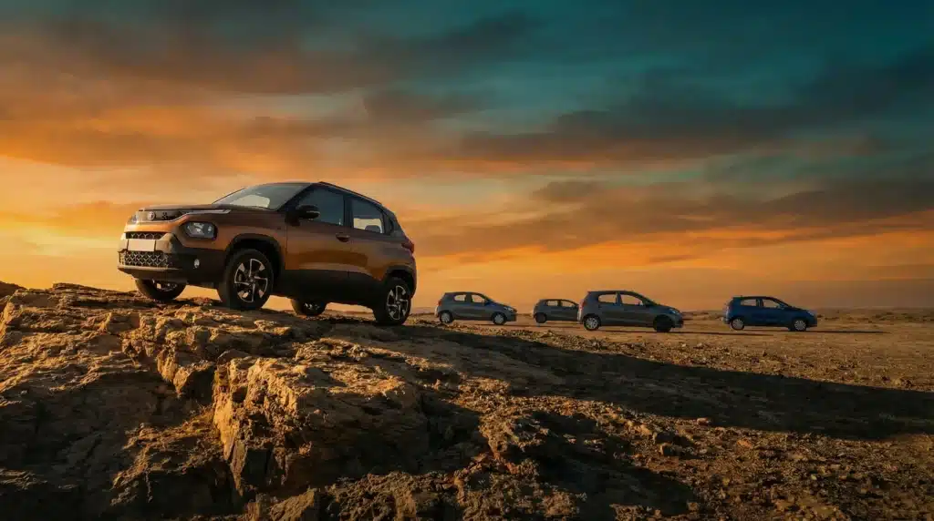 Two cars parked on rocky terrain during sunset with dramatic cloudy sky