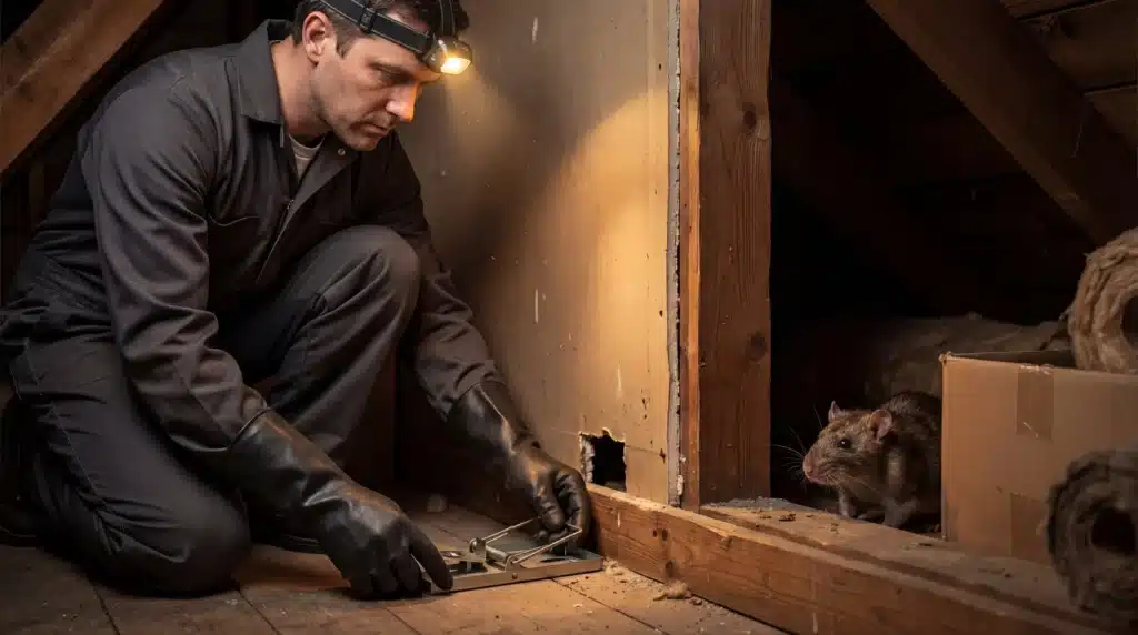 Pest control technician setting a trap in attic with a rat nearby