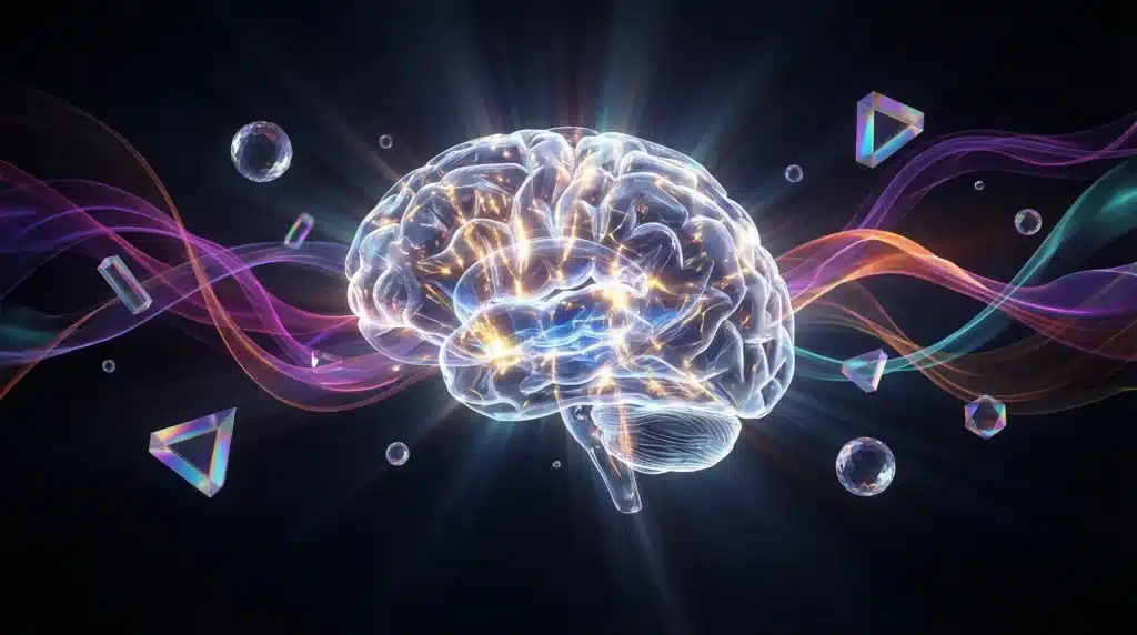 Glowing digital brain with colorful swirling lights and geometric shapes on dark background