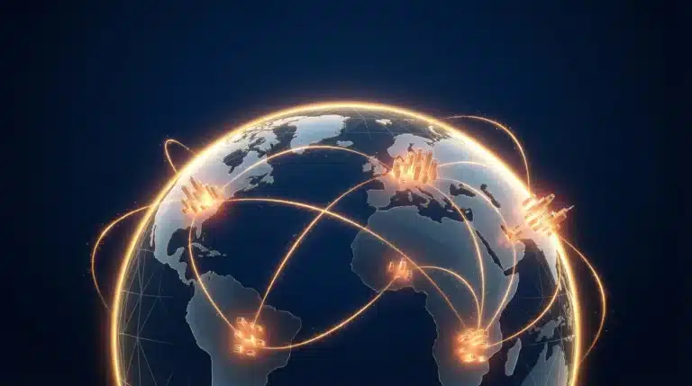 Glowing digital network connections around earth with illuminated continents in dark blue space