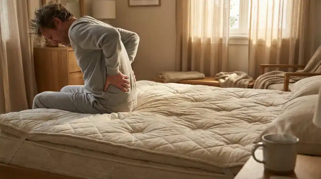 Man in gray pajamas sitting on bed holding lower back in sunlit bedroom
