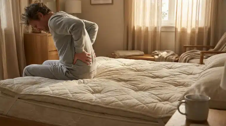 Man in gray pajamas sitting on bed holding lower back in sunlit bedroom