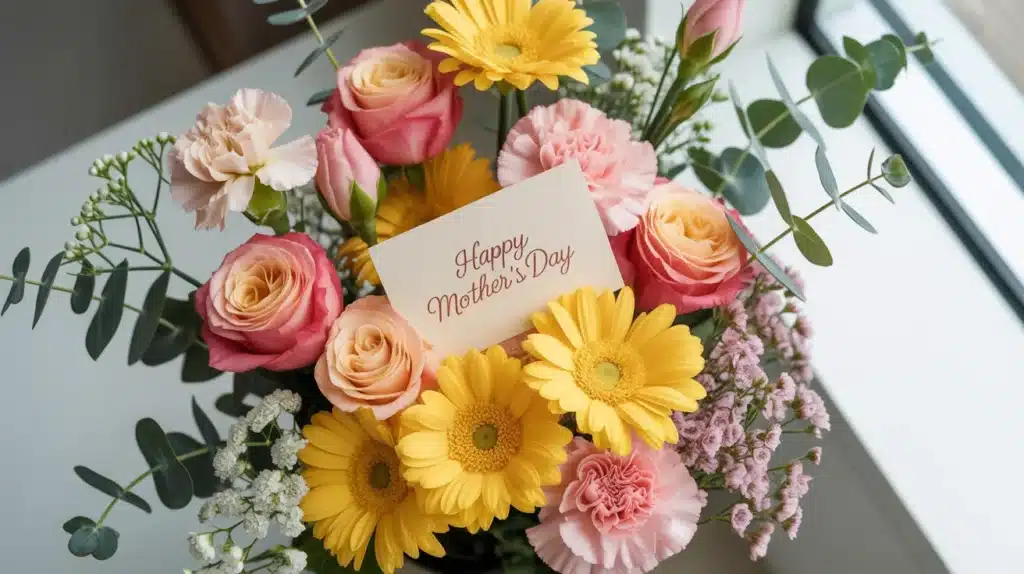 A bouquet of roses and daisies with a card reading Happy Mother's Day in script font.