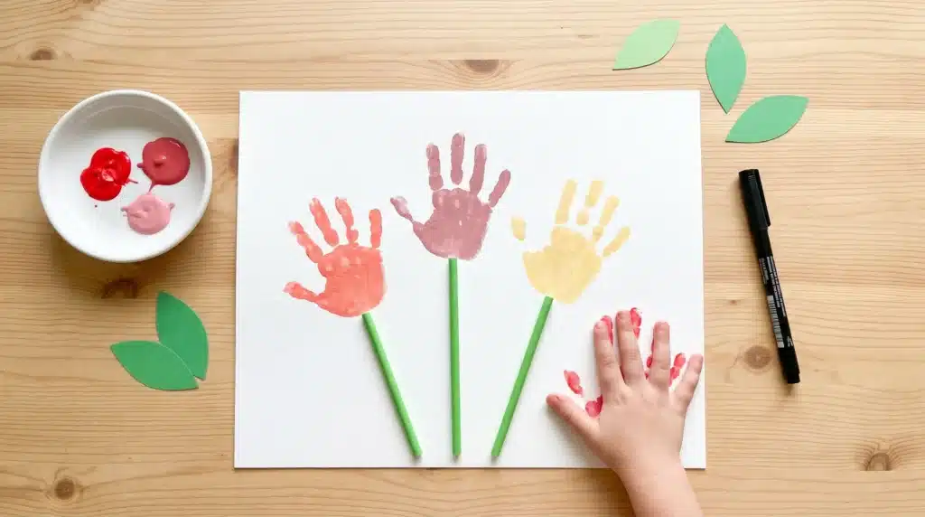 A child's handprint craft with red, pink, and yellow handprints arranged as flowers on a piece of paper, with green straws as stems, surrounded by paper leaves, paint, and a black marker.