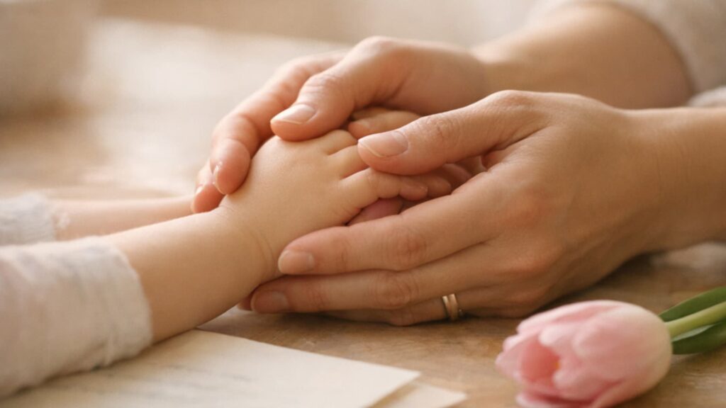A close-up shot of a mother gently holding her child's hand, symbolizing love, care, and connection, with a pink tulip beside them.