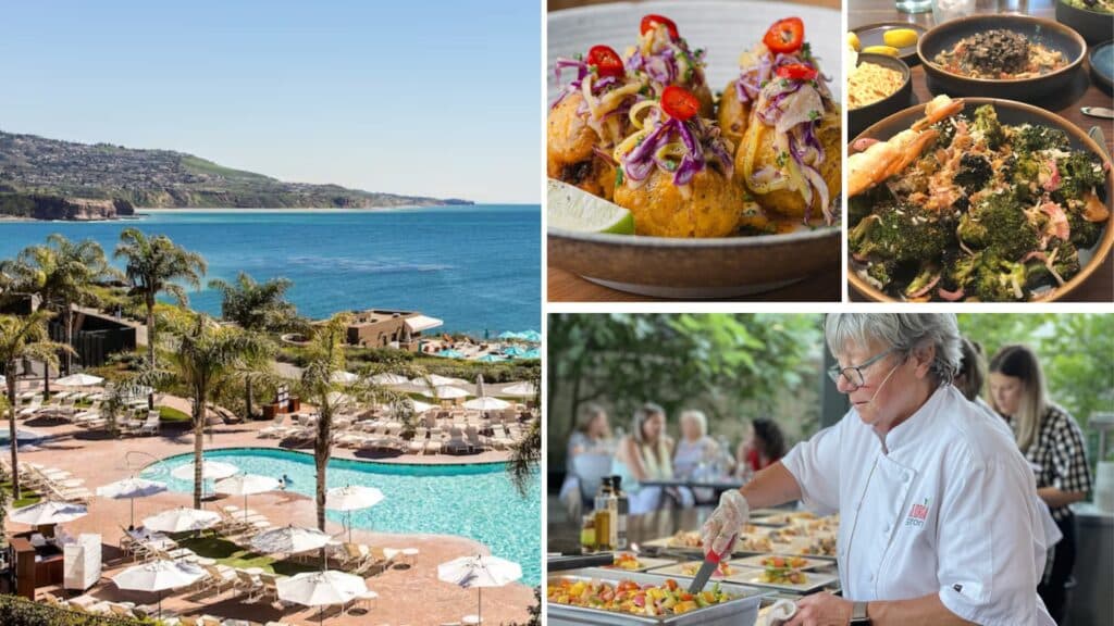 A collage featuring a beachside restaurant with a pool, vibrant food dishes including shrimp and broccoli, and a chef preparing a meal for a Mother's Day brunch event.