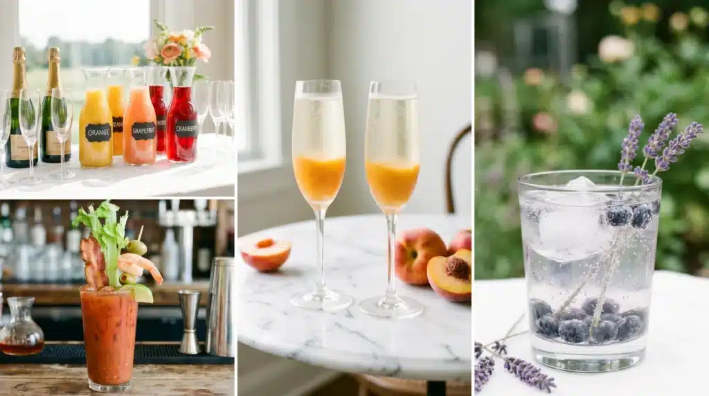 A collection of brunch drinks, including a variety of juices, peach mimosas in champagne flutes, a savory Bloody Mary Station, and a refreshing blueberry lavender sparkling water.