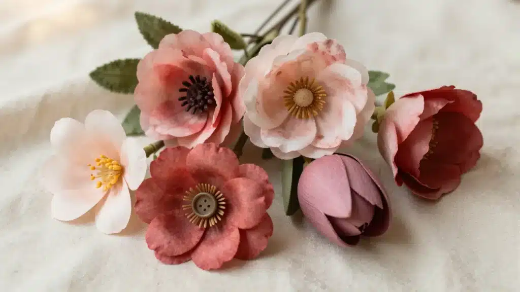 A collection of handmade fabric flowers in soft pink and red tones, including a button center flower, arranged on a neutral fabric surface