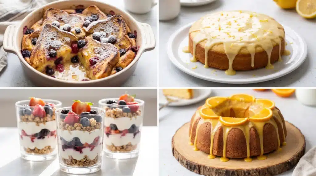 A collection of sweet brunch dishes including French toast casserole, a lemon-glazed cake, parfaits with granola and fresh fruit, and an orange bundt cake.