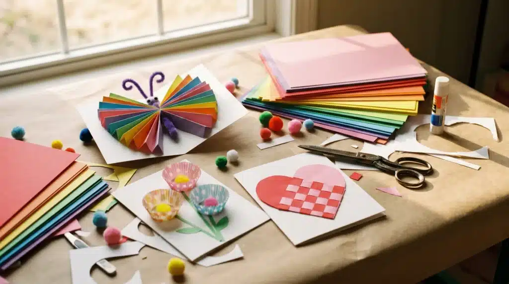 A crafting setup for Mother's Day featuring a paper butterfly, a heart-shaped card, paper flowers with pom-pom centers, scissors, glue, and colored paper sheets scattered across a table.